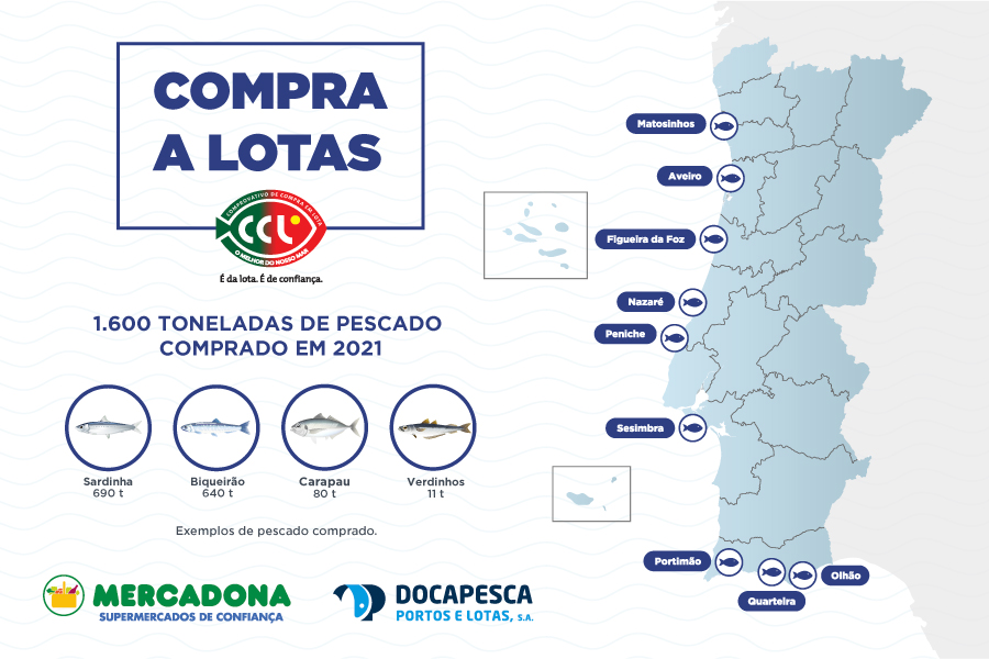 Mapa com as lotas da Docapesca onde a Mercadona compra em Portugal