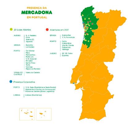 Mapa de lojas Mercadona em Portugal