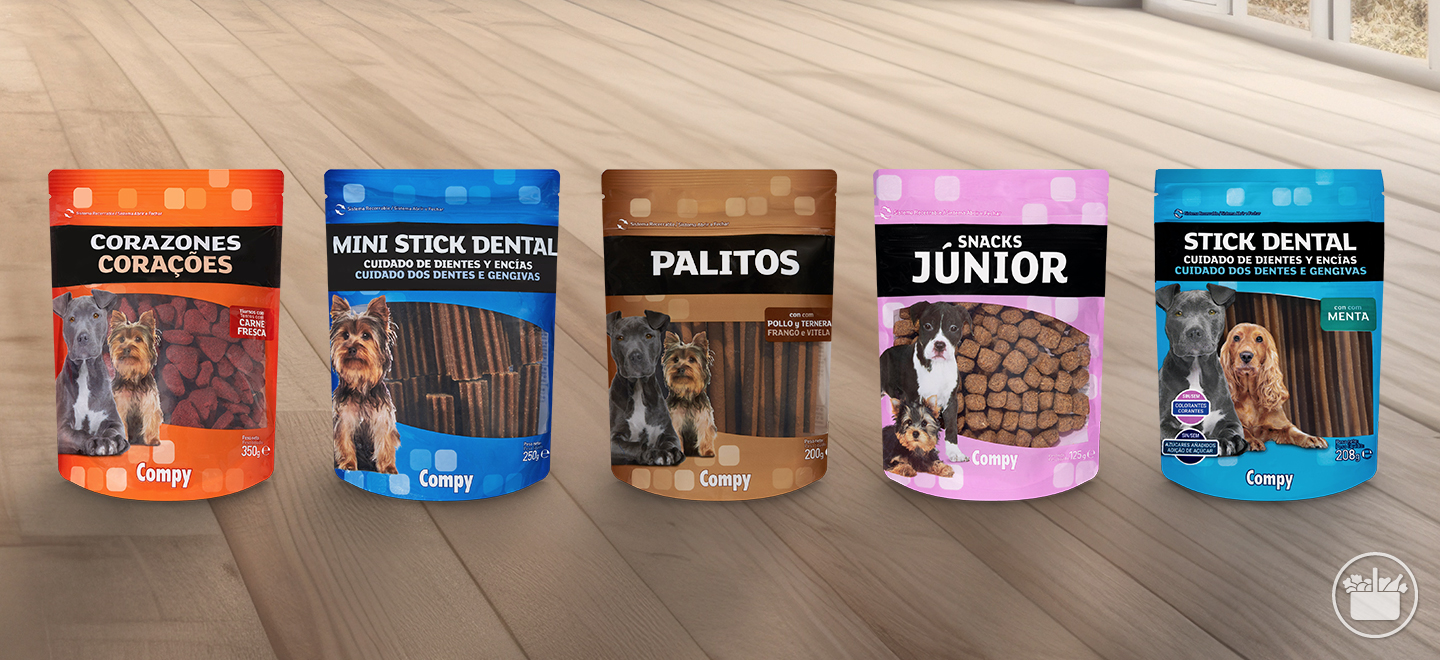 Conheça a nossa variedade de snacks de ração Compy para recompensar o seu cão.
